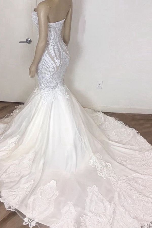 Elegant Long Strapless Appliques Lace Mermaid Wedding Dress