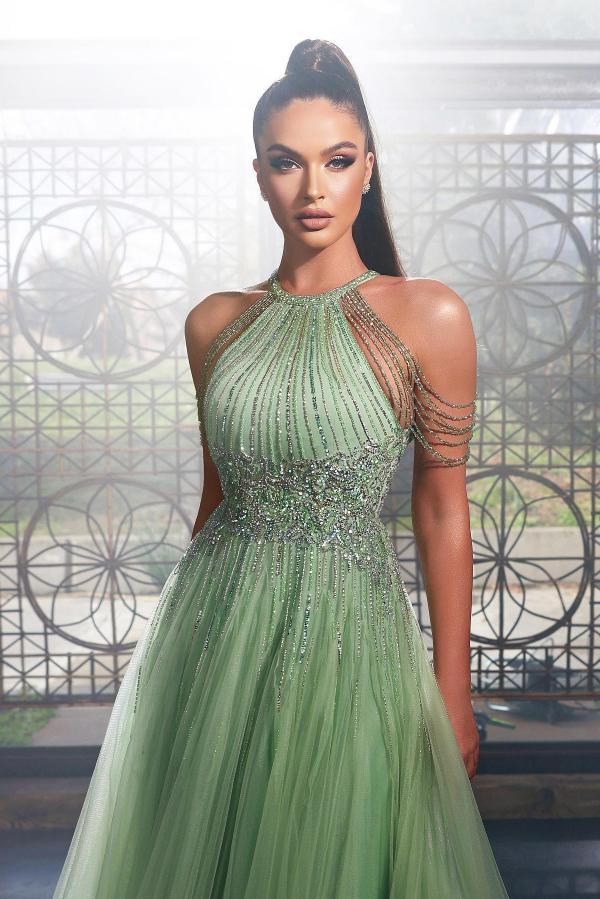 Beautiful Long A-line Halter Sparkle Tulle Keyhole Prom Dress