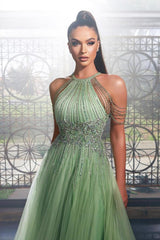 Beautiful Long A-line Halter Sparkle Tulle Keyhole Prom Dress
