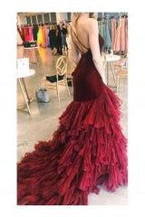 Burgundy Tulle Velvet Long Mermaid Dress Formal Evening Dress