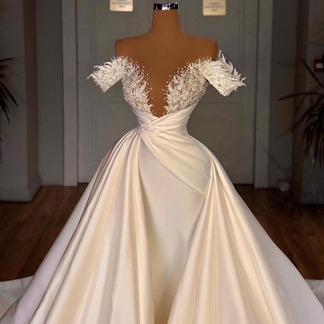 Long Mermaid Satin Lace Off the Shoulder Sequined Wedding Dress