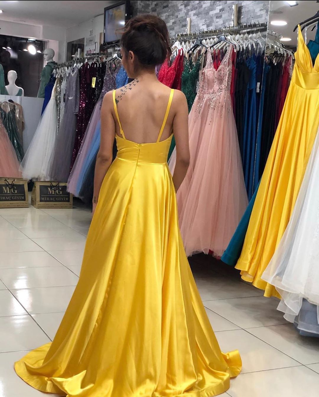 Long V-neck Spaghetti Straps Backless Ruffles A-line Split Floor Length Prom Dress