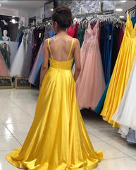 Long V-neck Spaghetti Straps Backless Ruffles A-line Split Floor Length Prom Dress