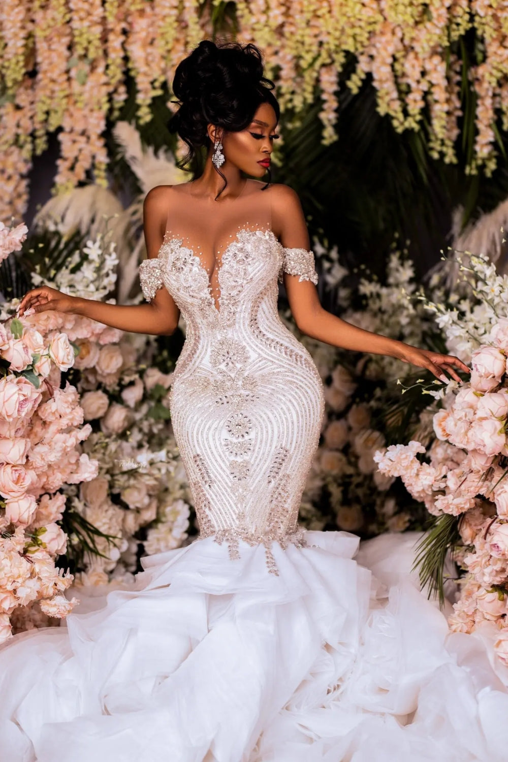 Elegant Long Mermaid Off the Shoulder Tulle Wedding Dresses