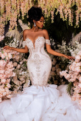 Elegant Long Mermaid Off the Shoulder Tulle Wedding Dresses
