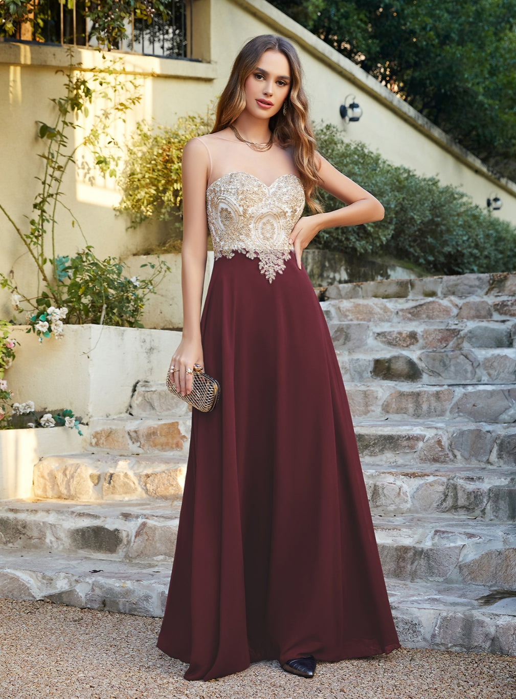 Gorgeous Long A-line Chiffon Lace Sleeveless Formal Evening Dresses