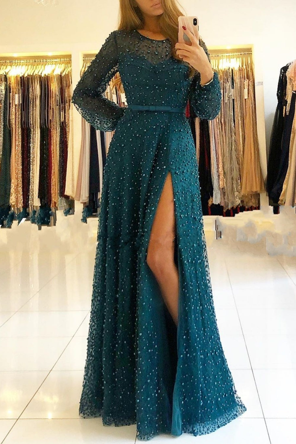 Burgundy Jewel Long Sleeve A-Line Prom Dresses with Slit