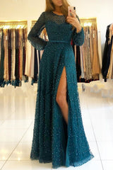Burgundy Jewel Long Sleeve A-Line Prom Dresses with Slit