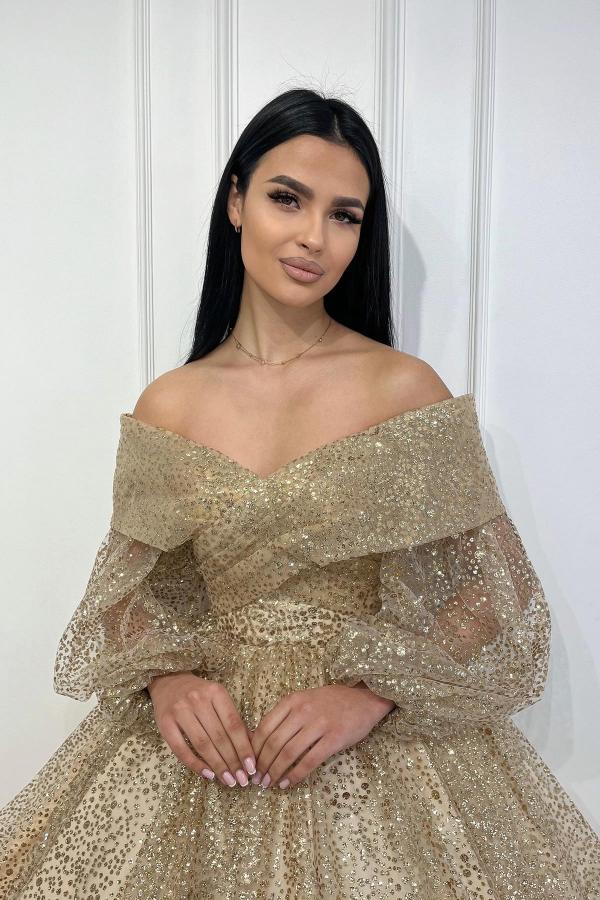Glitter Short A-line Off the Shoulder Formal Party Dresses with Sleeves
