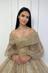 Glitter Short A-line Off the Shoulder Formal Party Dresses with Sleeves