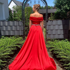 Long A-line Off the Shoulder Satin Prom Dress with Beading