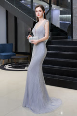 Sexy Mermaid V-neck Tulle Sleeveless Silver Long Formal Evening Dress