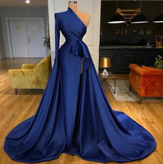 Long Mermaid One Shoulder Asymmetric Neckline Front Slit Prom Dresses with Sleeves