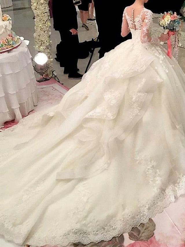 Ivory Long Ball Gown Sweetheart Tulle Lace Wedding Dresses with Sleeves
