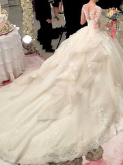 Ivory Long Ball Gown Sweetheart Tulle Lace Wedding Dresses with Sleeves