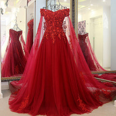 Charming Long Off the Shoulder Appliques Beading Tulle A-Line Prom Dress