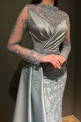 Long Mermaid Jewel Satin Appliques Lace Formal Evening Dress with Sleeves