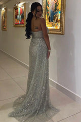Sparkly Long Mermaid One Shoulder Sequined Prom Dresses with Slit