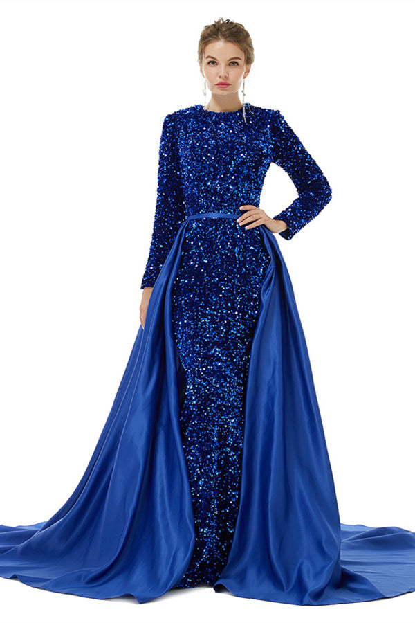 Elegant Long Sleeve Mermaid Sequins Black Formal Evening Dress with Overskirt