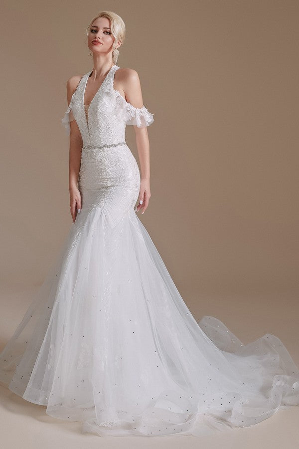 Elegant Long Mermaid Halter Tulle Floor Length Wedding Dress with Appliques Lace