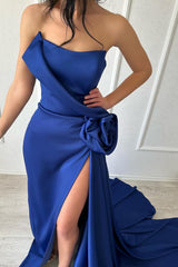 Royal Blue Long Strapless Mermaid Satin Prom Dresses with Slit