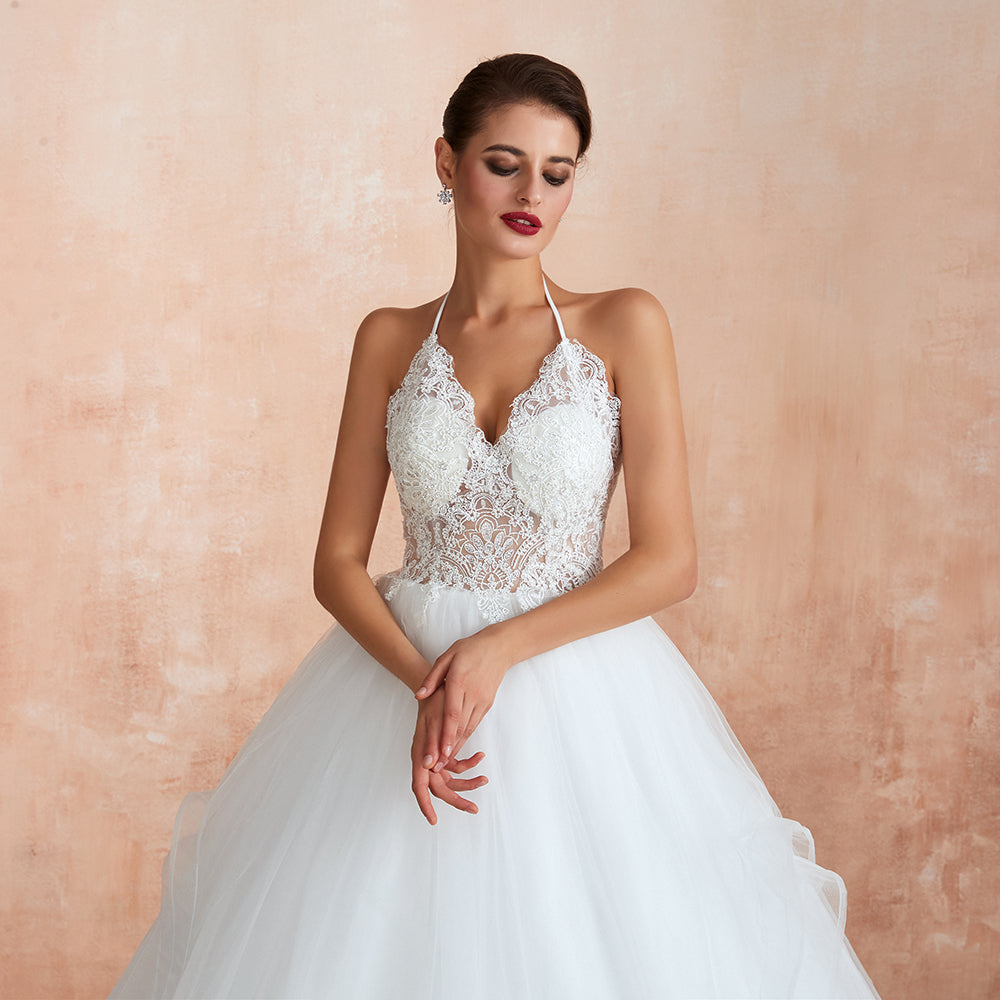Long Ball Gown Halter Open Back Appliques Tulle Wedding Dress