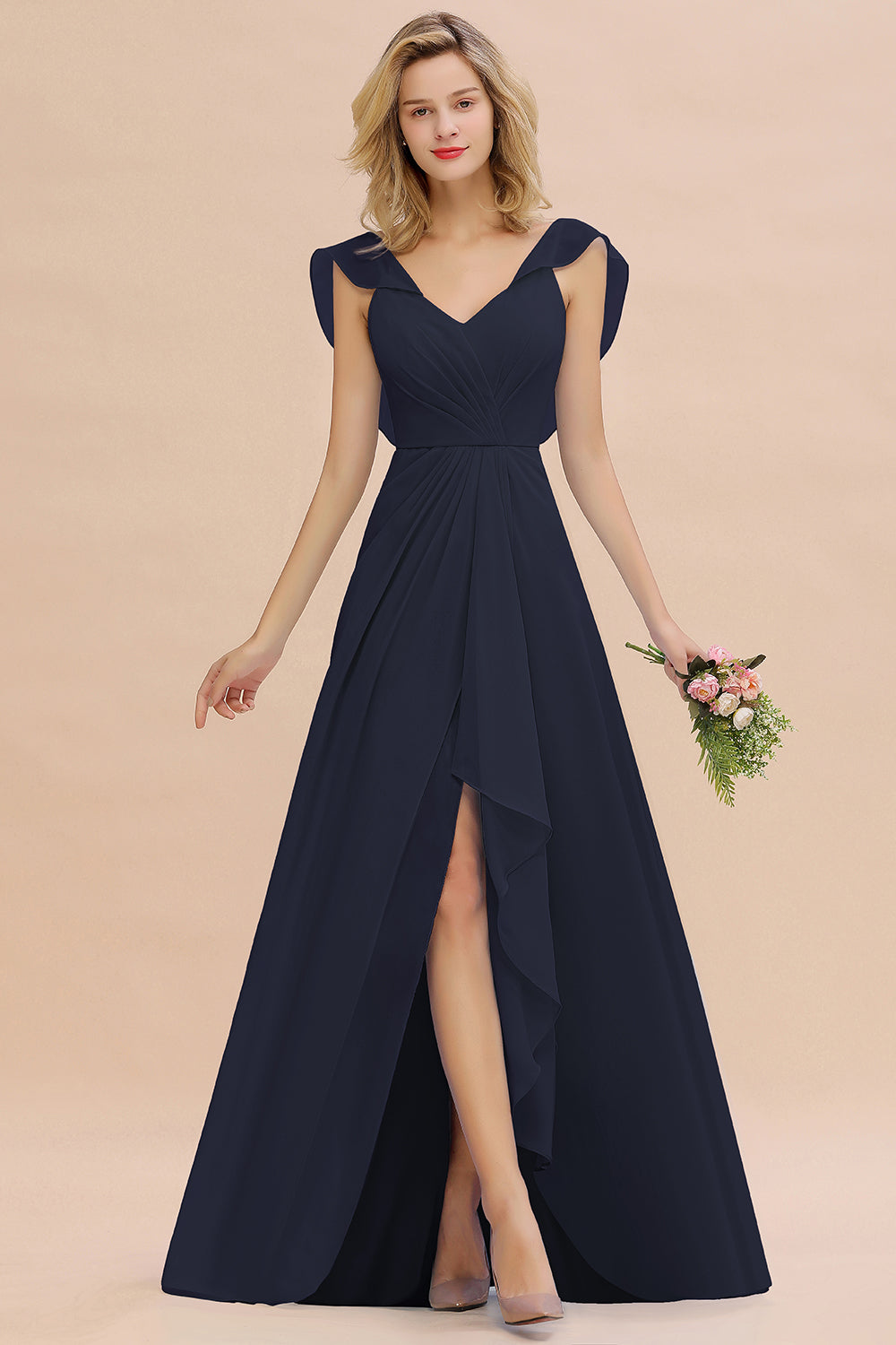 Simple High Low A-line V-Neck Ruffles Chiffon Bridesmaid Dress
