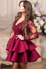 V-neck Long Sleeve Appliques Lace Satin Short Homecoming Dress With Ruffles
