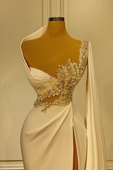 Long Mermaid Asymmetrical Ruffles Beading Satin Prom Dress With Slit