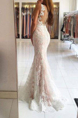 Long V-neck Wide Straps Lace Floor Length Mermaid Prom Dress