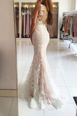 Long V-neck Wide Straps Lace Floor Length Mermaid Prom Dress