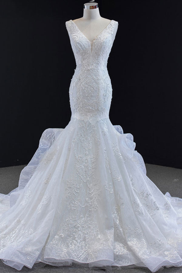 Luxury Long V-neck Lace-up Appliqes Lace Mermaid Wedding Dress