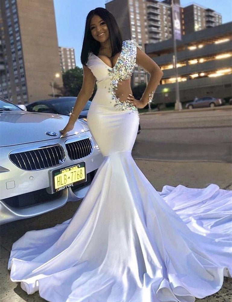 Elegant White Long V-neck Satin Mermaid Prom Dress