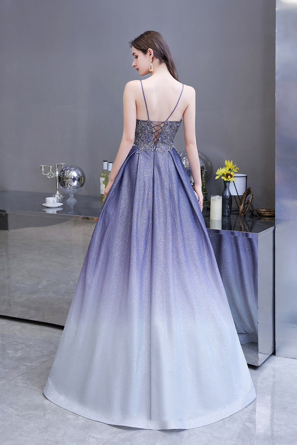 Elegant Long A-line V-neck Spaghetti Straps Appliques Beads Formal Evening Dress