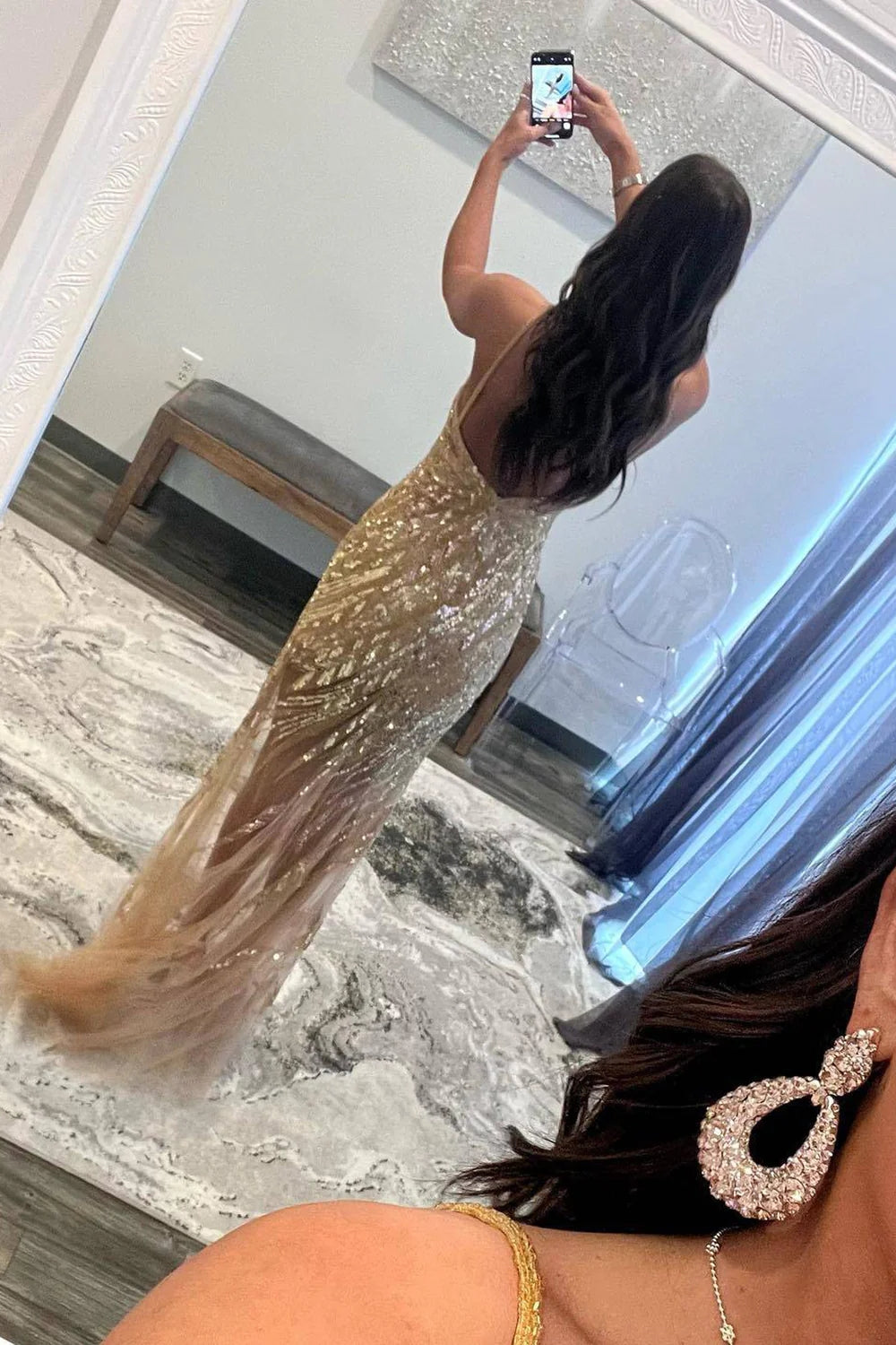 Mermaid Long Spaghetti Straps Sequins V-Neck Tulle Prom Dress with Slit