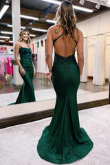 Long Mermaid Strapless Spaghetti Straps Lace Backless Formal Prom Dress