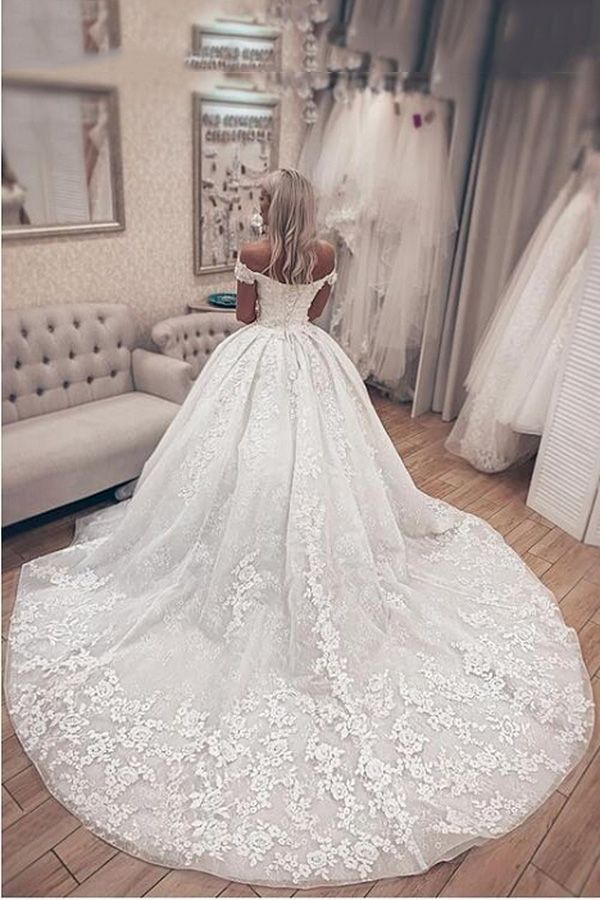 Luxury Long Off the Shoulder Ball Gown Lace Wedding Dresses