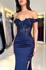 Long Mermaid Off the Shoulder Floor Length Satin Lace Prom Dresses with Slit