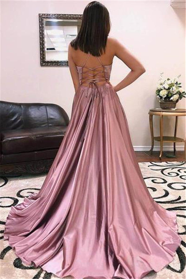 Long V-neck Spaghetti Straps Split Front A-line Prom Dress