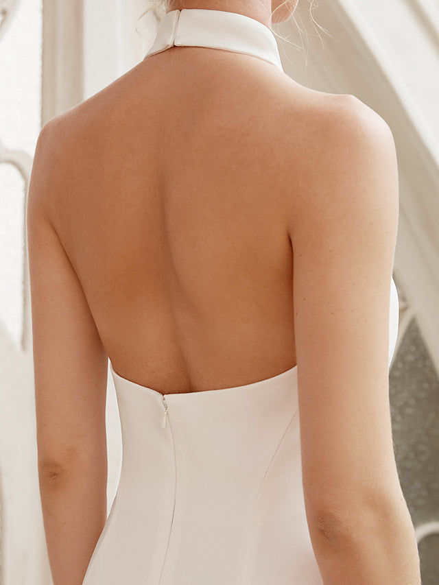 Elegant Long Mermaid High Neck Chiffon White Backless Wedding Dresses