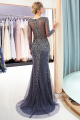 Long V-neck Tulle Mermaid Beaded Formal Evening Dress with Sleeves