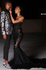 Black Strapless Appliques Lace Mermaid Long Prom Dress