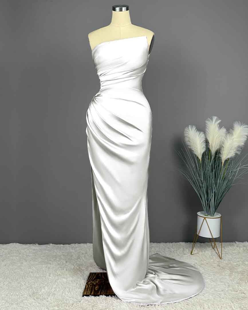 Elegant Long Mermaid Strapless Satin Prom Dresses