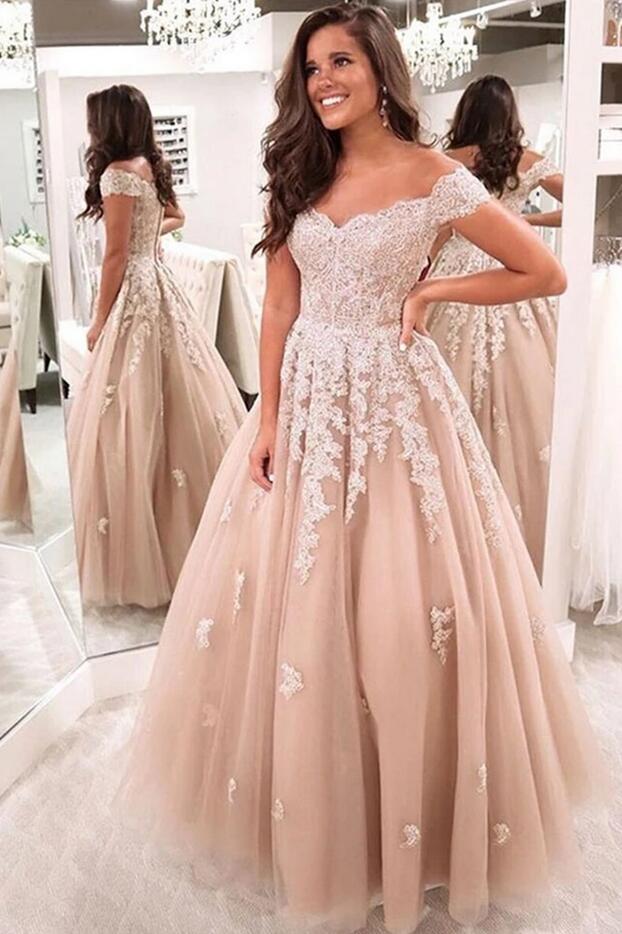 Long A-Line Off the Shoulder Appliques Lace Backless Floor Length Tulle Ruffles Prom Dress