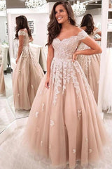 Long A-Line Off the Shoulder Appliques Lace Backless Floor Length Tulle Ruffles Prom Dress