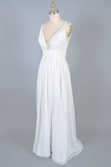Long V-neck Front Slit Lace Chiffon Sheath Wedding Dress