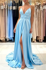 Chic Long A-line V-neck Sleeveless Satin Prom Dress with Slit
