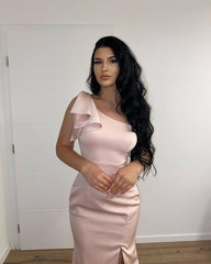 Long One Shoulder Floor Length Ruffles Mermaid Prom Dress With Side Slit