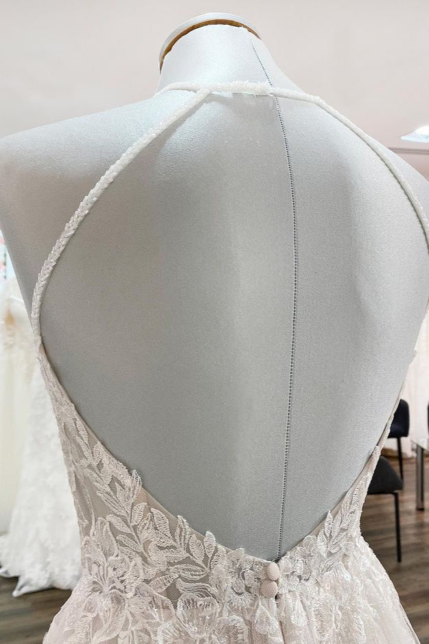 Long Halter Sleeveless Tulle A-line Open Back Wedding Dresses With Lace