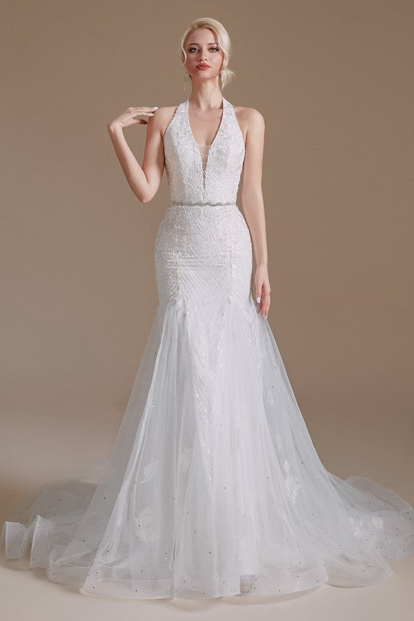 Elegant Long Mermaid Halter Tulle Floor Length Wedding Dress with Appliques Lace